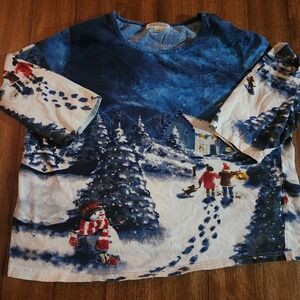 Tradition Winter Scene Snowman‎ Christmas Trees Long Sleeve Shirt size 14 cotton